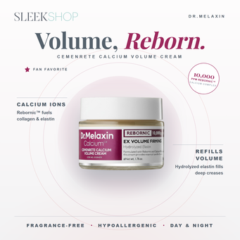 Dr.Melaxin Cemenrete Calcium Volume Cream Infographic | Sleekshop Dr.Melaxin Cemenrete Calcium Volume Cream infographic highlighting 10,000ppm Rebornic calcium ions, volume-refilling hydrolyzed elastin, fragrance-free hypoallergenic formula for day and night use
