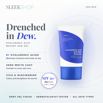 Isntree Hyaluronic Acid Watery Sun Gel SPF 50+ PA++++ infographic showing 8 types of hyaluronic acid for all-day hydration, zero white cast on every skin tone, and cica with niacinamide to calm and strengthen the skin barrier