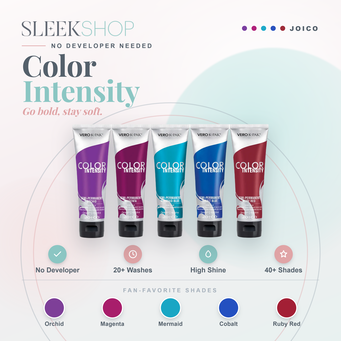 Joico Color Intensity semi-permanent hair color infographic featuring Orchid, Magenta, Mermaid Blue, Cobalt Blue, and Ruby Red shades with no developer needed, 20+ shampoos of vibrant color, conditioning shine, and 40+ vivid shades by SleekShop.