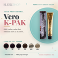 Joico Vero K-PAK permanent cream hair color infographic featuring the Vero K-PAK color tube and box, 106+ professional shades, rebuilds hair while coloring, 100% gray coverage, and salon-quality permanent hair color by SleekShop.
