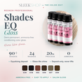 Redken Shades EQ Gloss demi-permanent hair color infographic featuring 90+ shades, ammonia-free conditioning color gloss, glass-like shine, 20-minute processing, deposit-only color, and easy application by SleekShop.