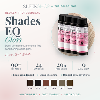 Redken Shades EQ Gloss demi-permanent hair color infographic featuring 90+ shades, ammonia-free conditioning color gloss, glass-like shine, 20-minute processing, deposit-only color, and easy application by SleekShop.