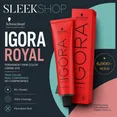 Schwarzkopf Professional Igora Royal permanent hair color infographic featuring the professional color tube and box, 80+ shades, 100% grey coverage, Fibre Bond Technology, and vibrant salon-quality results by SleekShop.