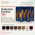 Wella Koleston Perfect ME+ permanent hair color infographic featuring professional color boxes, 152+ shades, 100% gray coverage, ME+ reduced allergy risk technology, long-lasting true-to-tone color, and featured hair shade swatches by SleekShop.